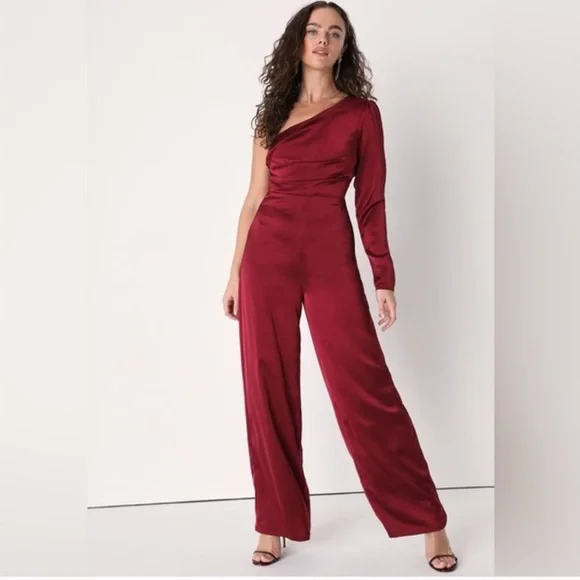 Lulu’s Wine Red Burgundy Satin One-Shoulder Jumpsuit size XL - Picture 3 of 14